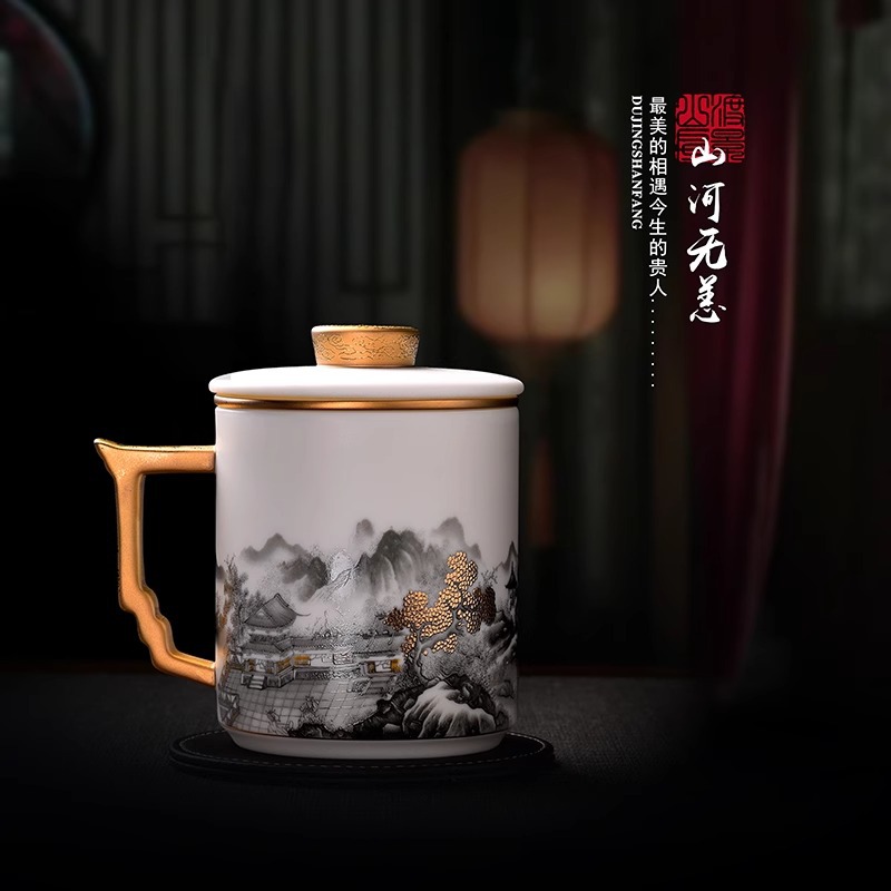 Dujingshanfang văn phòng cốc nước cốc trà sứ trắng ngọc bích mỡ cừu quà tặng nam quà tặng khách hàng hàng đầu