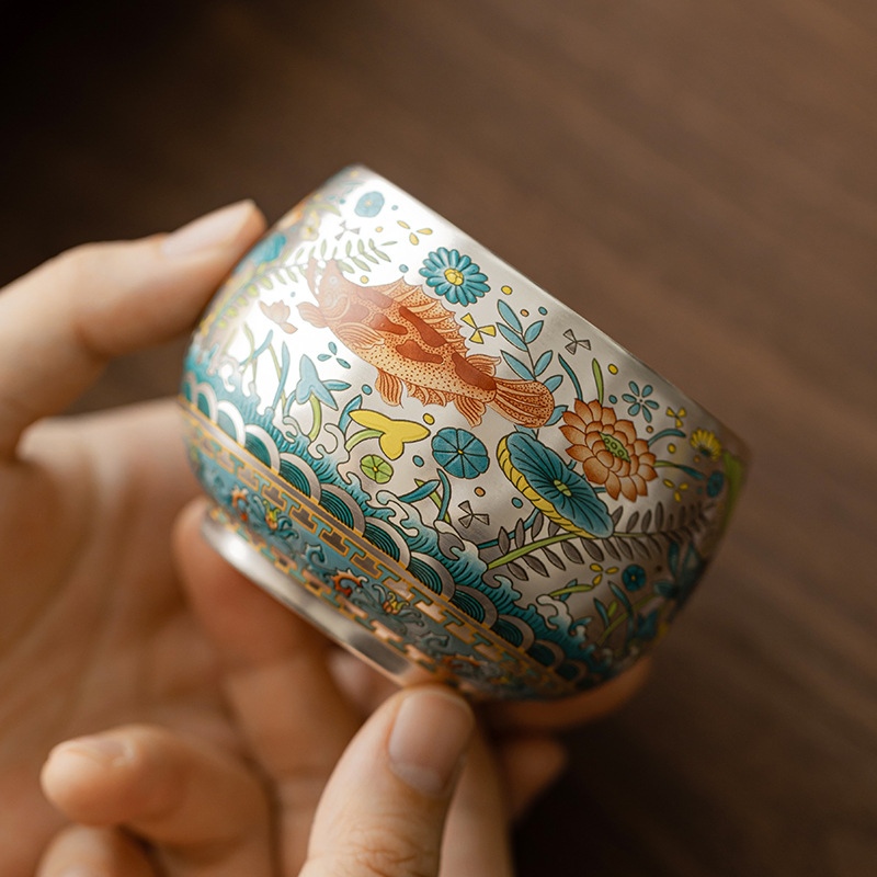 Cốc chủ nhân mạ bạc hoa văn tảo cá Chiyo tách trà cốc gốm sứ mạ bạc bát trà dung tích lớn cốc đơn