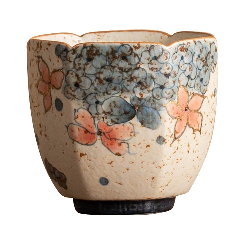 Cốc trà đen đá lửa xanh trắng cốc lục giác hoa cẩm tú cầu sơn vàng dung tích lớn cốc chủ nhân cao cấp cốc trà gia dụng cốc đơn