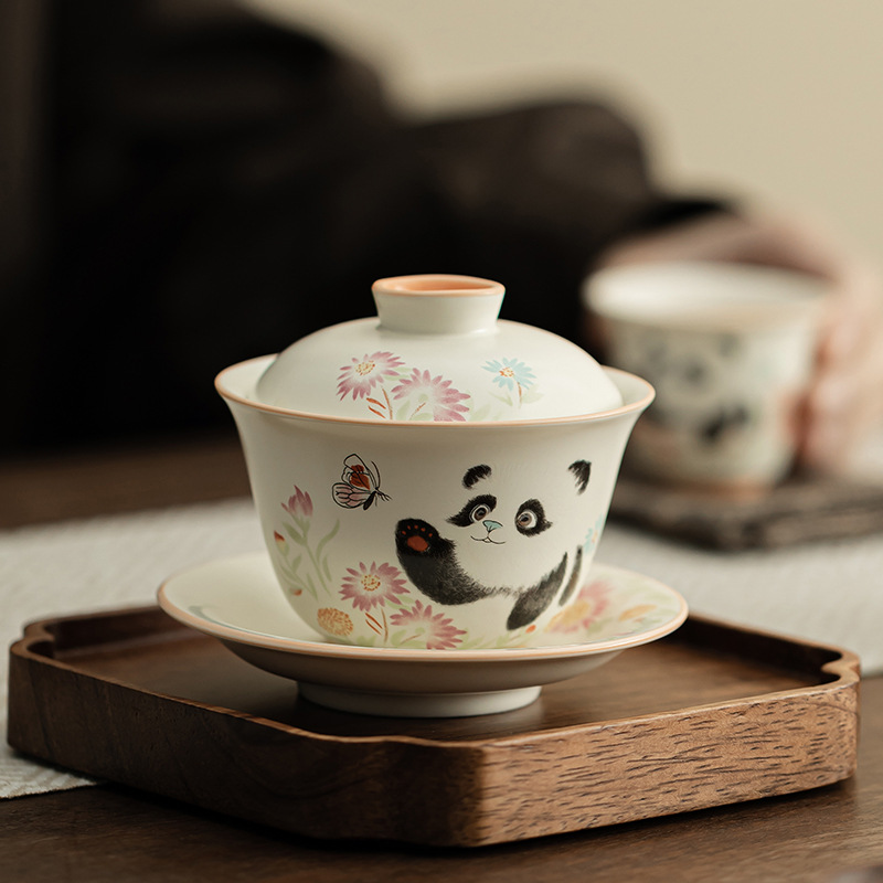 Màu vàng gạo Dingyao gấu trúc chơi bướm bát có nắp Chuyuan gốm sứ chống bỏng lớn bát trà tam tài cốc trà dụng cụ trà Kung Fu gia dụng