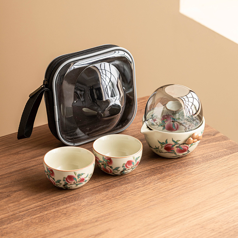 Bộ ấm trà du lịch Ruyao Pastel Nine Peach, cốc khách di động ngoài trời, một ấm ba cốc, ấm trà gốm sứ