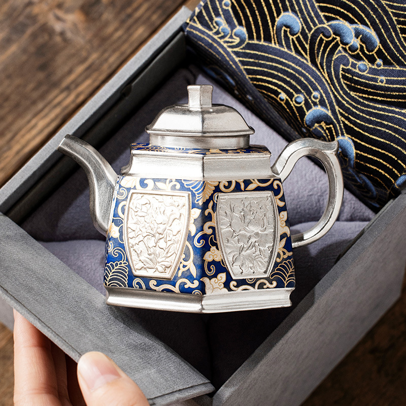 Ấm trà sáu bên màu xanh và trắng mạ bạc He Fusen cao cấp quà tặng sinh nhật nam nữ lãnh đạo người lớn tuổi quà tặng khách hàng
