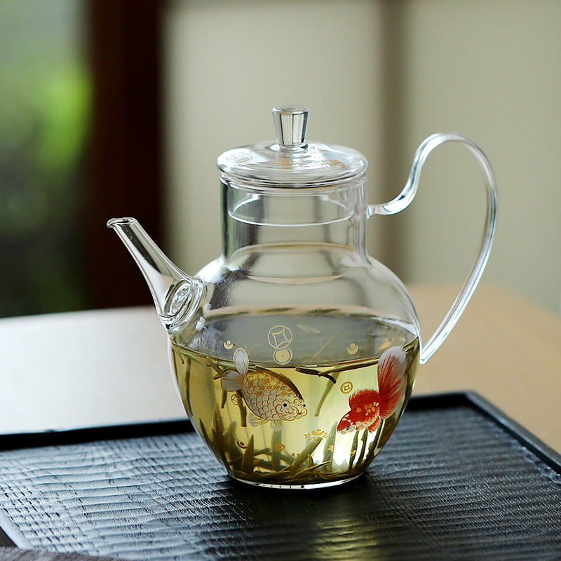 Ấm trà xanh thủy tinh chịu nhiệt borosilicate cao được Ứng dụng bằng tay, ấm trà hoa pha lạnh, bộ trà kung fu, ấm trà, ấm đơn.