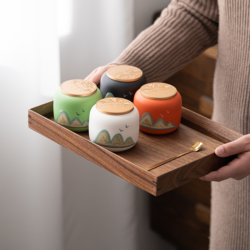 Guochao Văn hóa và Sáng tạo Hộp đựng trà Gốm Vẽ tay cao cấp Hộp đựng trà xanh đỏ Pu'er nửa catty có thể đóng gói logo