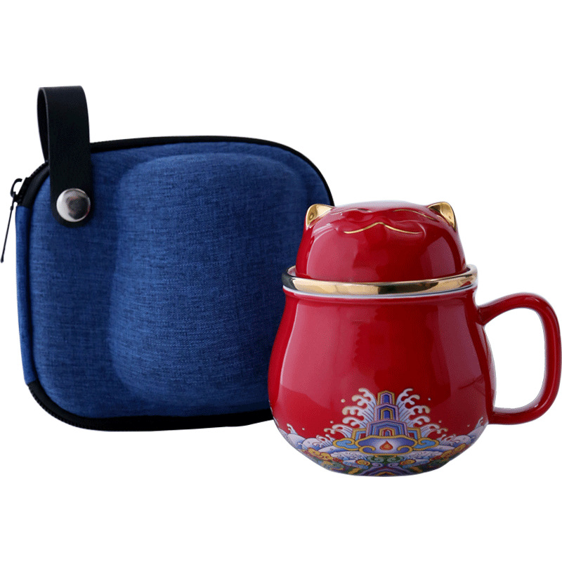 Bộ trà du lịch gốm sứ Di động tách nước trà có nắp đậy cốc pha trà lọc văn phòng gia dụng cốc trà mèo