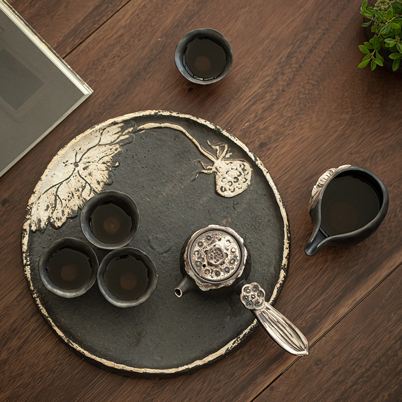 Bộ Khay làm bong bóng khô bằng không khí Wabaji Bộ dụng cụ trà Kung Fu đơn giản có tay cầm bên hông bằng gốm thô