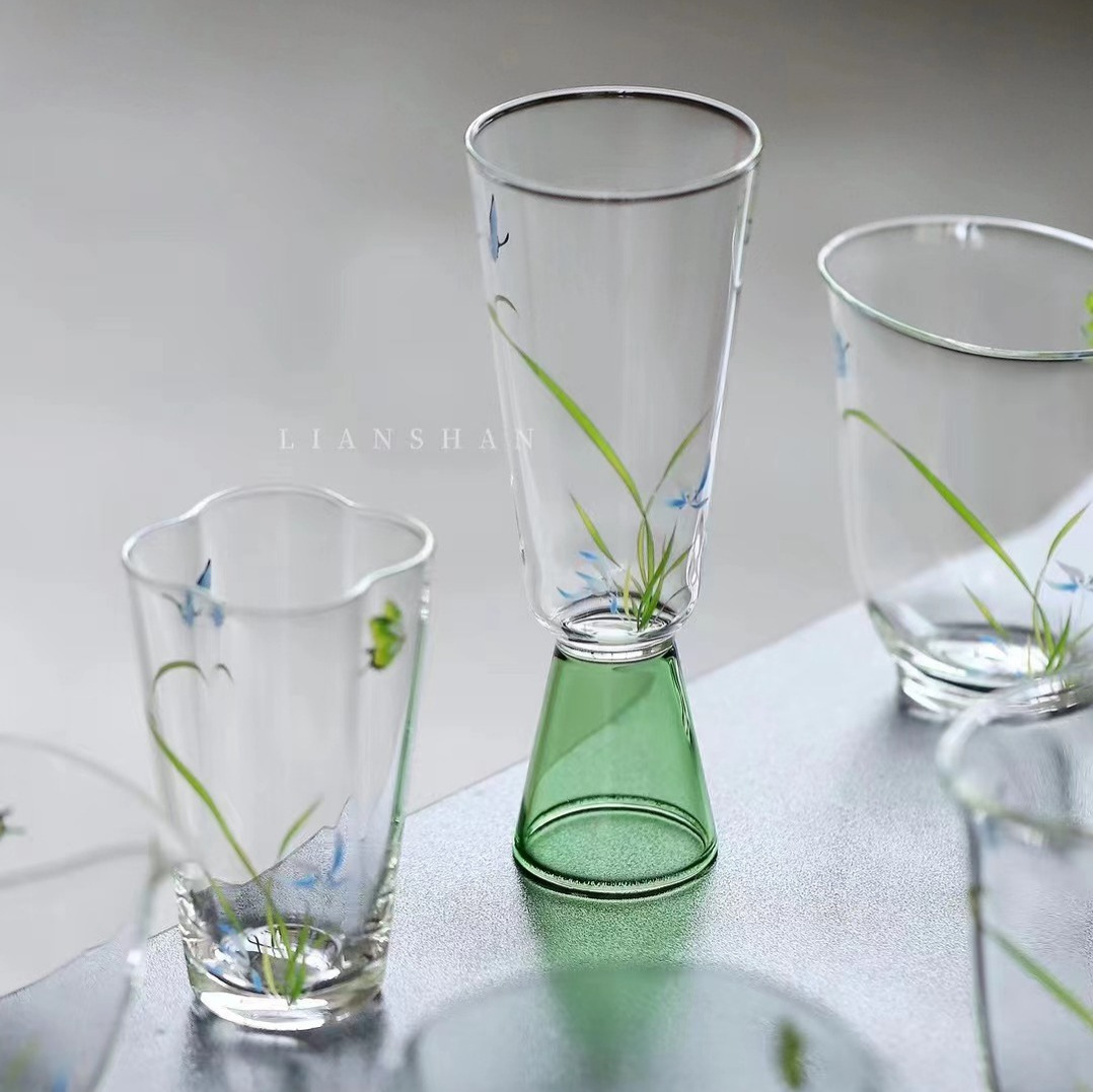 Bộ sưu tập loạt ly hoa lan bướm mới, đề can thủ công, trà xanh borosilicat cao, tách trà, tách trà, tách trà