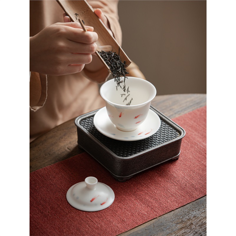 Cao cấp vẽ tay chơi cá lò Bairu ba cái nắp đậy bát pha trà gốm sứ cốc sứ Trung Quốc có nắp đơn chống bỏng