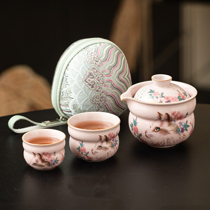 Jisu Ru lò hoa mèo nhanh tách trà Fulu một ấm hai cốc bộ trà du lịch gốm sứ túi xách đi chơi một người uống