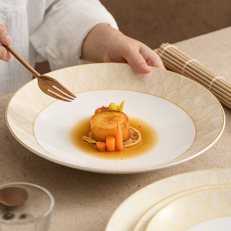 Đĩa ăn cơm vàng vàng lộng lẫy Đĩa gốm sứ Đĩa ăn gia dụng Đĩa ăn tây sang trọng cao cấp Đĩa tròn đĩa salad trái cây