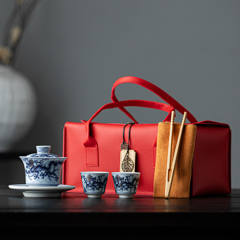 Bộ dụng cụ trà cốc trà cốc có nắp hoa văn rồng vàng bạc túi vải đựng trà du lịch xách tay