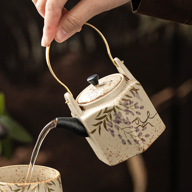 Ấm trà lục giác màu xanh lam và trắng đá lửa đỏ ấm trà nhỏ bằng gốm sứ vẽ tay hoa tử đằng vẽ tay ấm đơn bộ trà Kung Fu chống bỏng