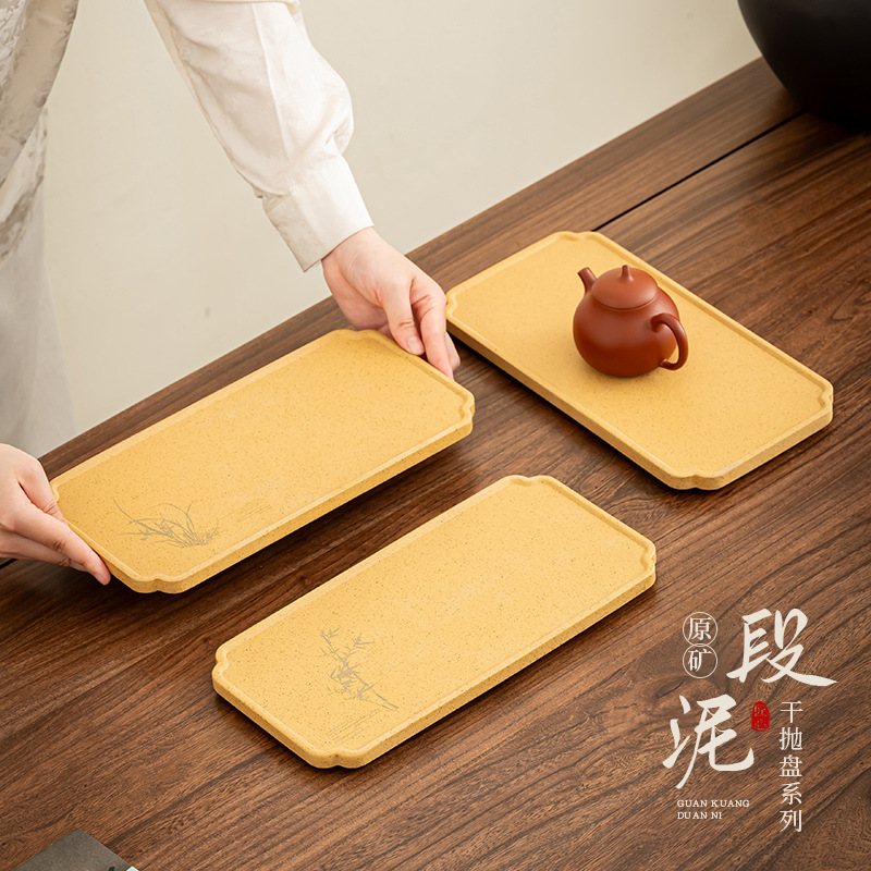 Khay pha khô bằng gốm đất sét thô khay pha trà hoa mận, phong lan, trúc cúc đơn giản khay trà hình chữ nhật gia dụng khay pha trà
