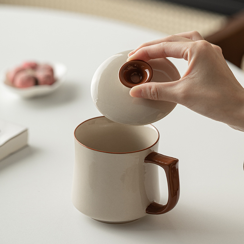 Cốc văn phòng Yan Song Cốc pha trà gốm sứ xám thực vật Cốc văn phòng cá nhân Cốc trà gia dụng có nắp