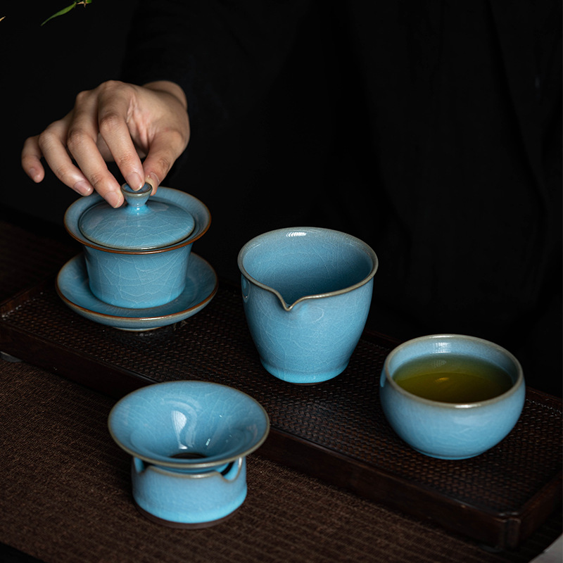 Bộ ấm trà Su Tianpei Bộ ấm trà kiểu Trung Quốc Bộ ba bát có nắp bằng men ngọc Cốc công bằng trà thủ công Cốc trà ngon Cốc đơn chuyên dụng