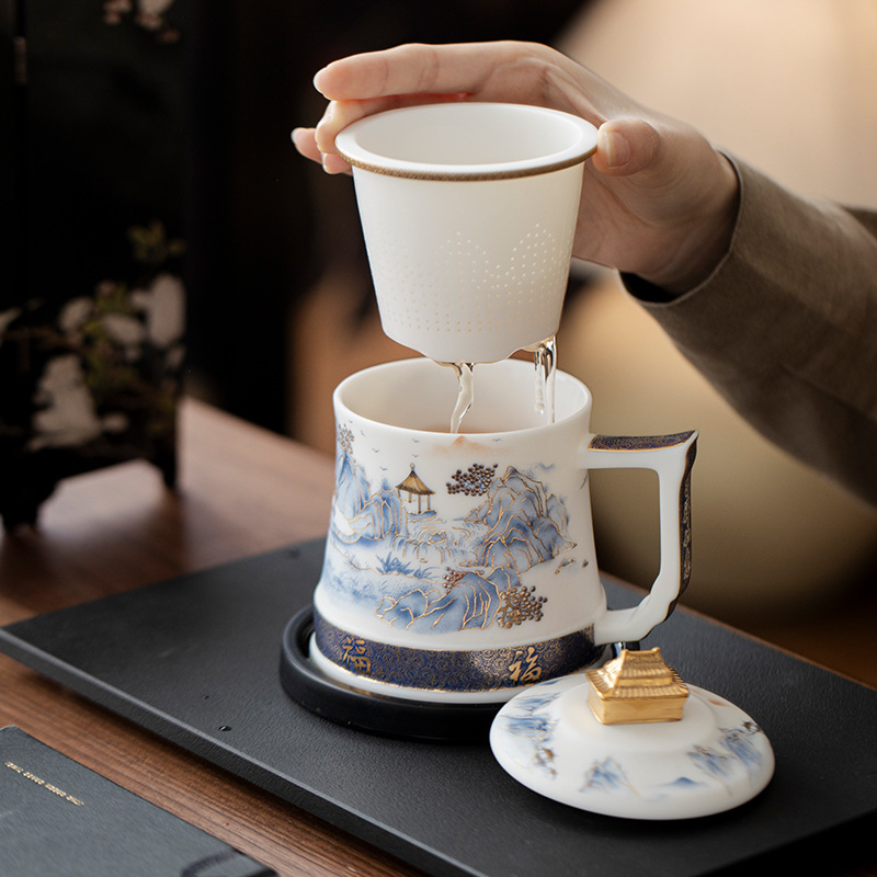 Tách trà văn phòng sứ ngọc, cốc lọc nước, cốc tách nước trà, tách trà cao cấp, quà tặng lưu niệm cao cấp