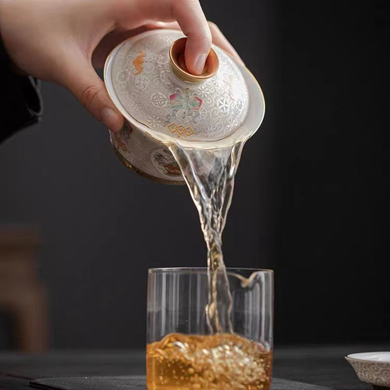 Bát tam tài có nắp bằng bạc, cốc trà sứ cao cấp, bộ trà cổ điển tráng men đầy màu sắc, bát trà, hộp quà đơn