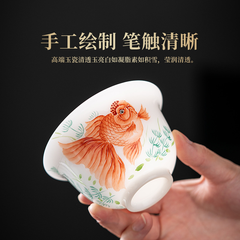 Bộ trà gaiwan ba món bằng sứ ngọc băng vẽ tay, bát trà kung fu đơn không nóng cao cấp.