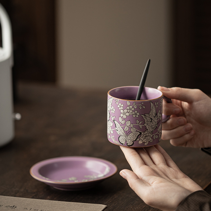 Ziru mạ bạc bướm tình yêu hoa trà chiều tách cà phê đĩa gia dụng văn phòng cá nhân cốc uống trà cốc