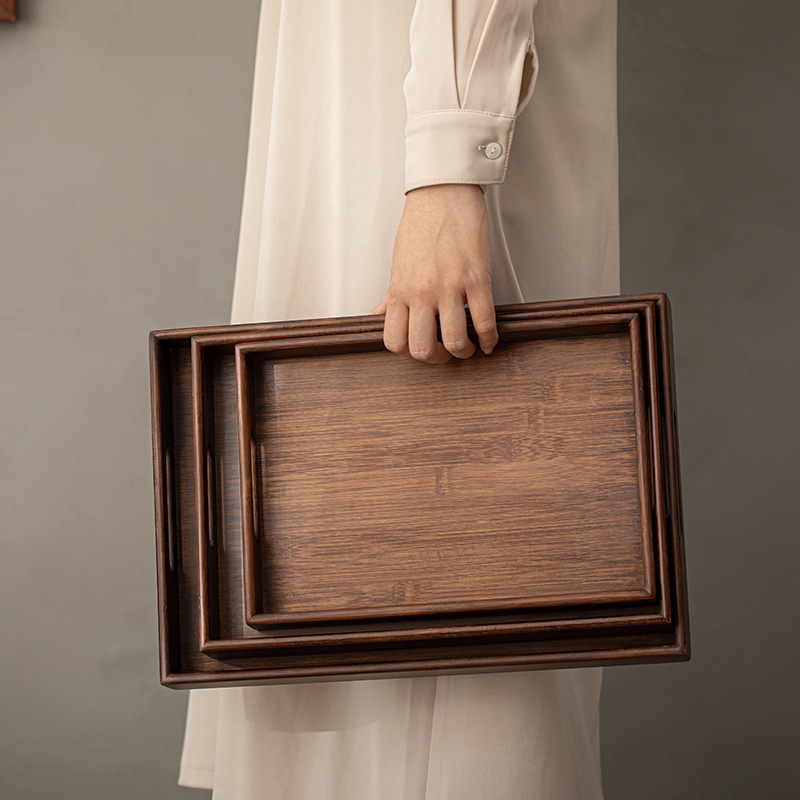 Khay đựng trà bằng tre màu quả óc chó khay đựng đồ ăn nhẹ cỡ lớn kiểu Trung Quốc hai tai đơn giản gia dụng