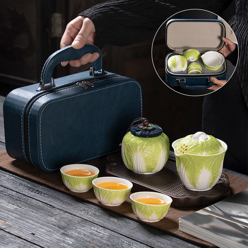 Bộ trà du lịch bắp cải sáng tạo Baicai Nafu Bộ ba cốc gốm sứ cốc khách nhanh ngoài trời sáng tạo xách tay
