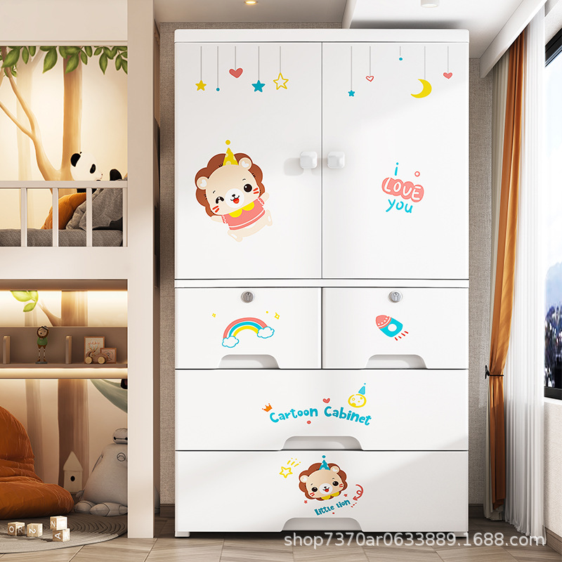 56 Chiều rộng phim hoạt hình đơn giản tủ quần áo nhựa mở cửa treo tủ lưu trữ lắp ráp tủ khóa trẻ em tủ quần áo trẻ em