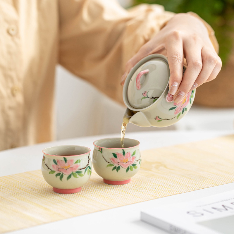 Bộ trà Kung Fu hoa trà vẽ tay túi đựng đồ du lịch ngoài trời cốc khách nhanh tay một bình hai cốc trà gốm sứ ấm trà