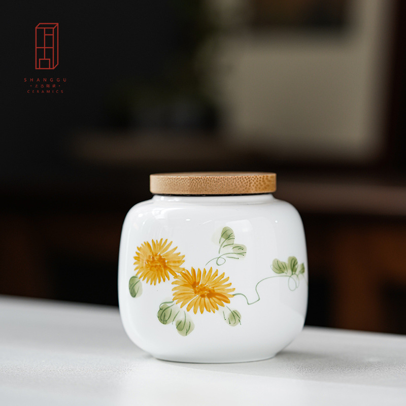 Hộp đựng trà vẽ tay, hộp gốm, hộp đựng trà nhỏ mini sáng tạo, hộp đựng đồ sứ trắng, hộp kín, bao bì trà