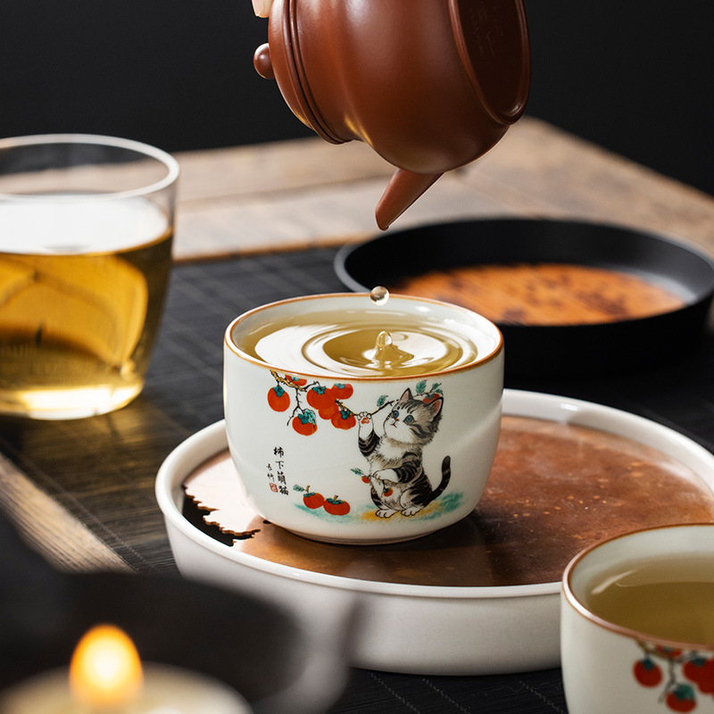Gốm Ru Lò Quả Hồng Mèo Dễ Thương Chủ Cốc Cá Nhân Cao Cấp Trà Trà Kung Fu Bộ Trà