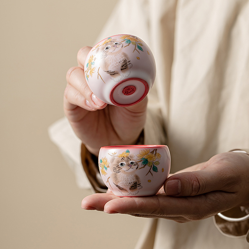 Mỡ lợn đông lạnh hoa vàng cốc cầm tay Mèo ngon cốc chủ nhân cốc đơn Bộ trà gốm sứ cốc trà nhỏ chuyên dụng cá nhân