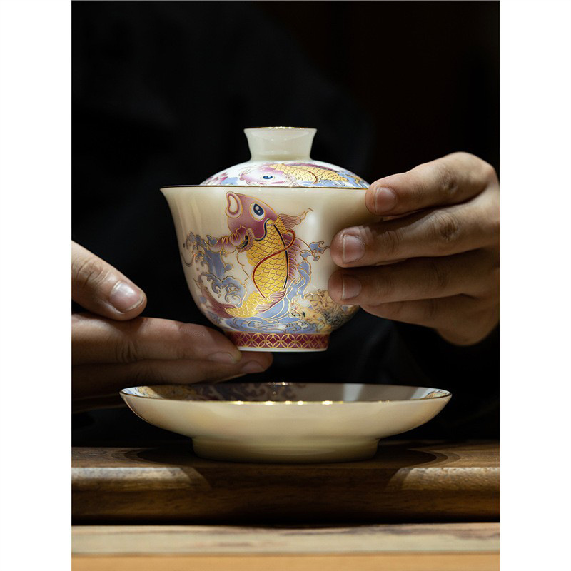 Cốc trà gốm sứ Dehua bát trà cá rồng bát trà lớn văn phòng một bát ba tài năng mỡ cừu ngọc trắng sứ lưu niệm