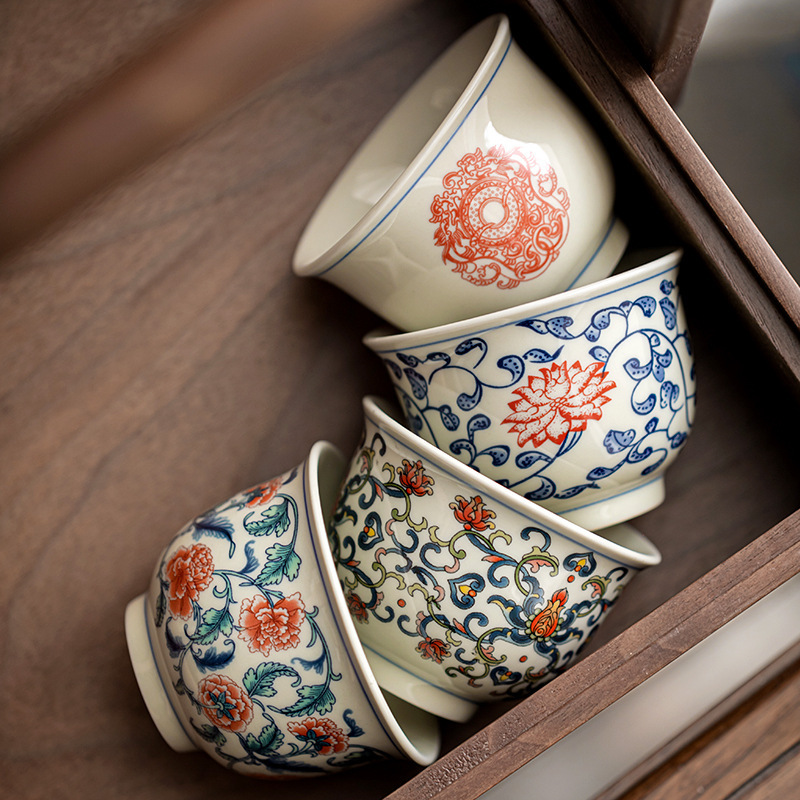 Chén Trà Hoa Sen Xanh Trắng Jingde cốc chủ nhân gốm sứ cốc trà cao cấp Hộp Quà Tặng Bộ trà Kung Fu