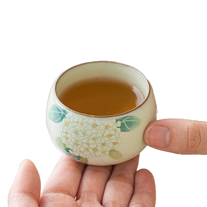 Cốc trà hoa cẩm tú cầu màu vàng be cốc chủ nhân cốc sứ Ru cốc đơn cá nhân gốm sứ Kung Fu cốc trà nhỏ cốc khách cốc nếm trà