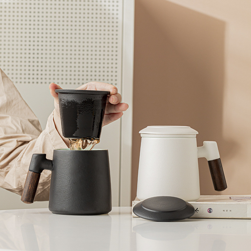 Cốc gốm sứ cốc tách nước trà Cốc văn phòng cá nhân tay cầm bằng gỗ dung tích lớn có nắp lót cốc lọc trà cốc cà phê