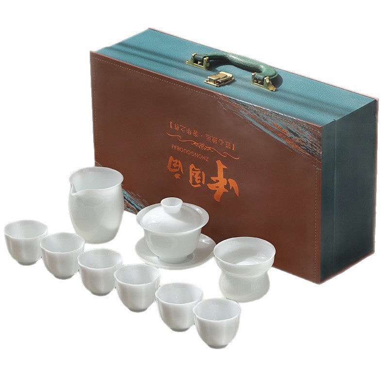 Bộ ấm chén trà Kung Fu sứ ngọc trắng dùng cho gia đình và văn phòng, bao gồm ấm trà, gaiwan và tách trà, quà tặng gốm sứ cao cấp sang trọng.