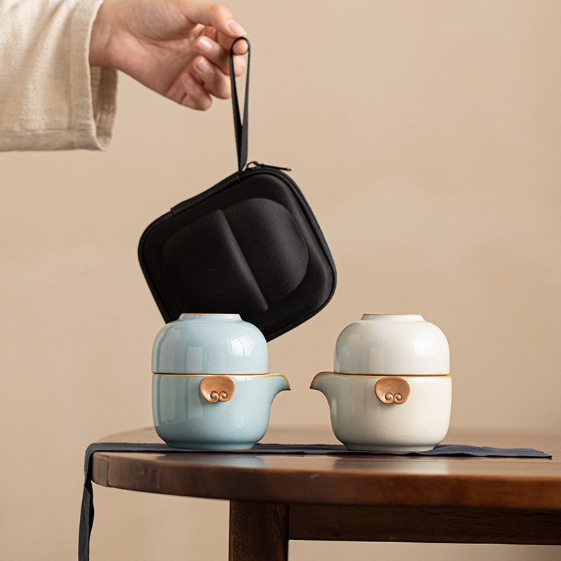 Bộ ấm trà du lịch Ruyao Ruyi, cốc phục vụ khách nhanh bằng gốm Sứ ngoài trời, một ấm hai cốc, Bộ trà di động, có thể mở và giữ