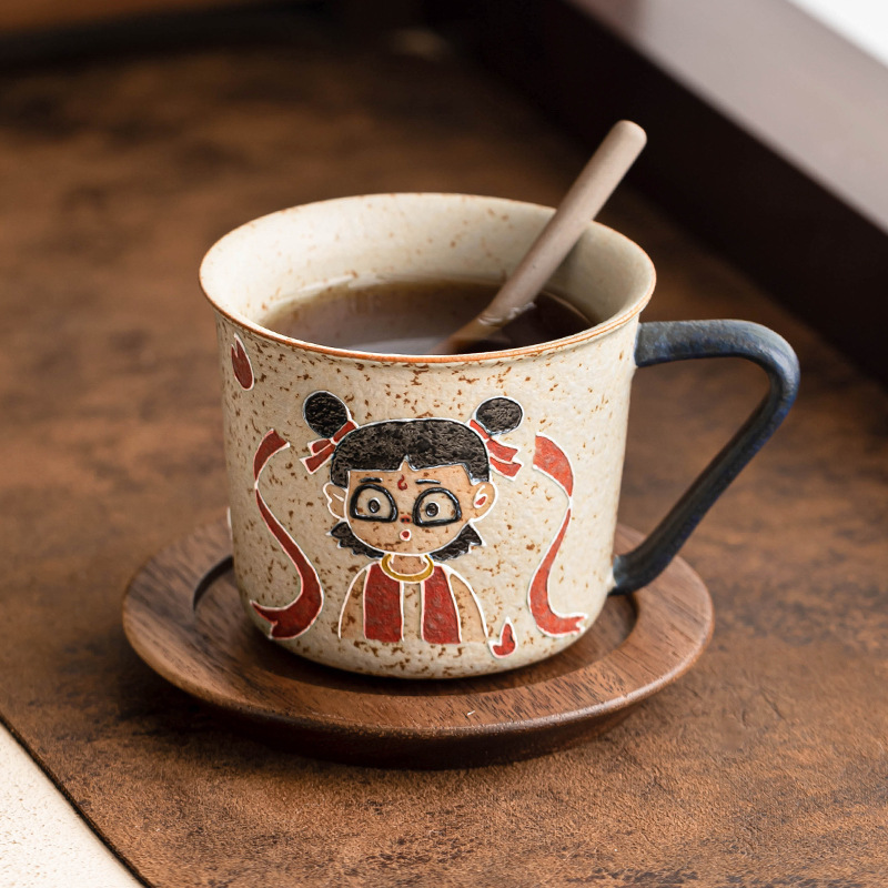 Màu xanh và trắng đá lửa đỏ cốc cà phê Nezha cốc uống nước Internet người nổi tiếng cốc cao cấp gốm sứ gia đình trà cốc cà phê