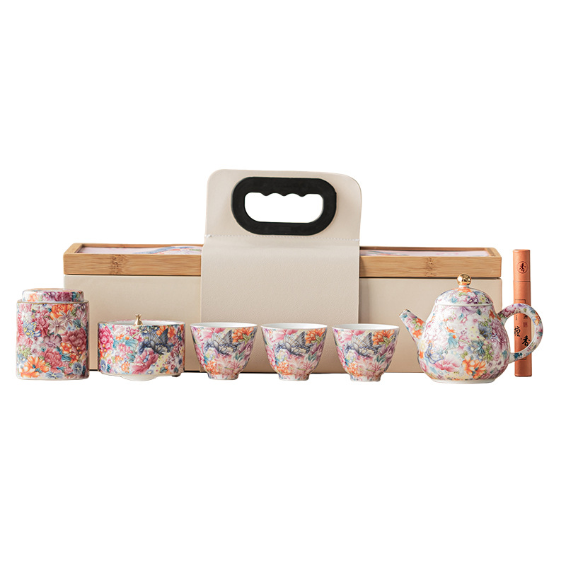 Bộ ấm trà 6 đầu tráng men, ấm trà, cốc trà, lư hương, đồ trà gốm sứ, quà tặng khách hàng