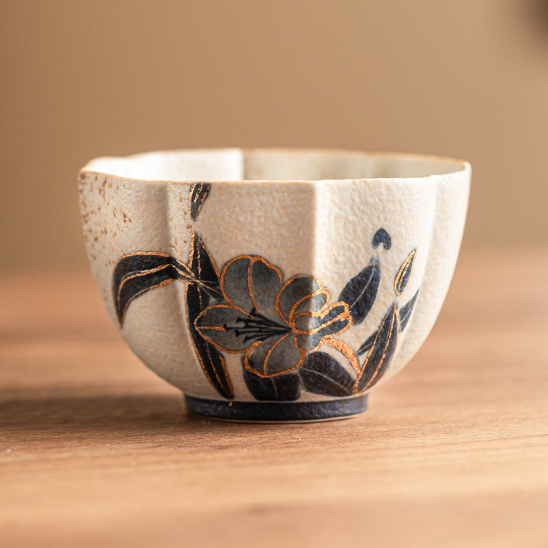 Cốc trà gốm đá lửa trắng xanh cốc chủ nhân cốc hoa huệ vẽ tay bằng vàng cốc uống trà cỡ lớn cốc trà gia dụng