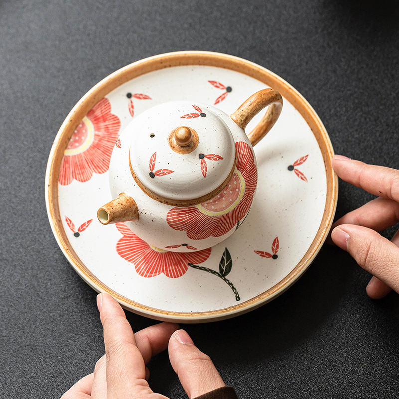 Ấm hoa hướng dương sơn mực in, ấm trà, khay đựng ấm, khay đựng ấm, khay đựng trà, khay đựng bọt khô bằng gốm, khay đựng trà hoa quả gia dụng kiểu Trung Quốc