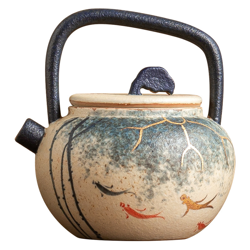 Nhà máy Ấm pha trà đỏ đá lửa màu xanh và trắng chạm khắc vàng vẽ tay Koi Koi Vần hoa sen Ấm trà gốm sứ có bộ trà lọc
