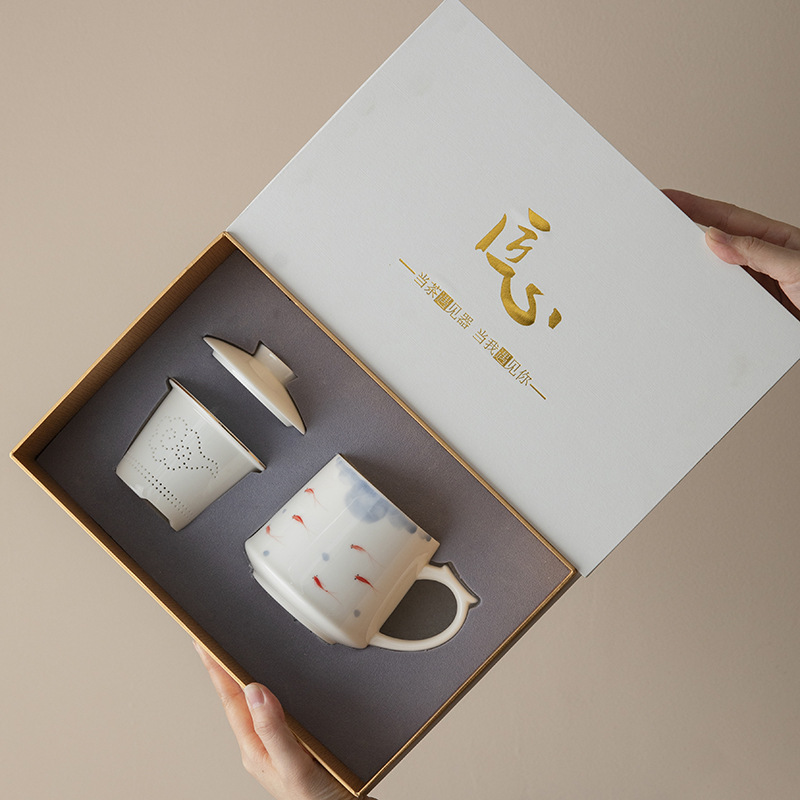 Cốc văn phòng bằng ngọc bích mỡ cừu vẽ tay cốc nước sứ trắng tách trà có nắp cốc pha trà gốm sứ dung tích lớn