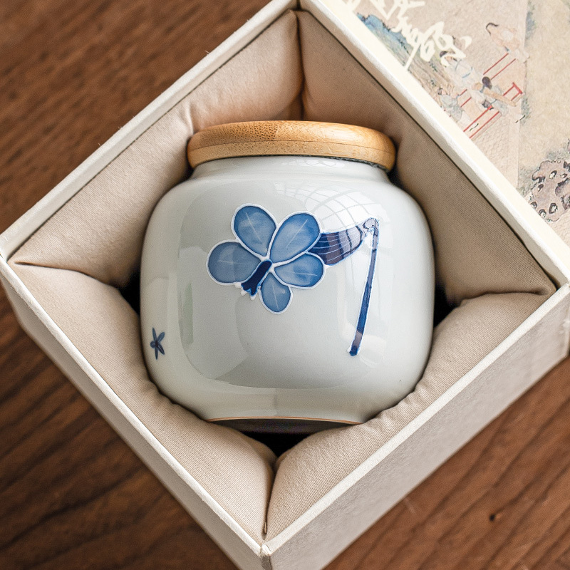 Lọ trà gốm sứ chạm nổi vẽ tay, bình rỗng cầm tay, bình đựng trà, bình kín, bình chống ẩm, bình đựng trà