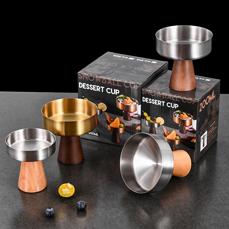 Ly kem inox 304 chân gỗ cao, cốc đựng bánh pudding PBCP19