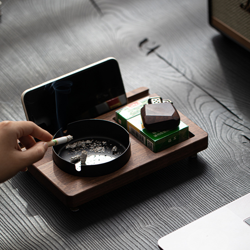 Gạt tàn gỗ óc chó đen kiểu giữa Daantang, đồ trang trí trang trí phụ kiện Bộ trà văn phòng cổ điển có nắp cho gia đình