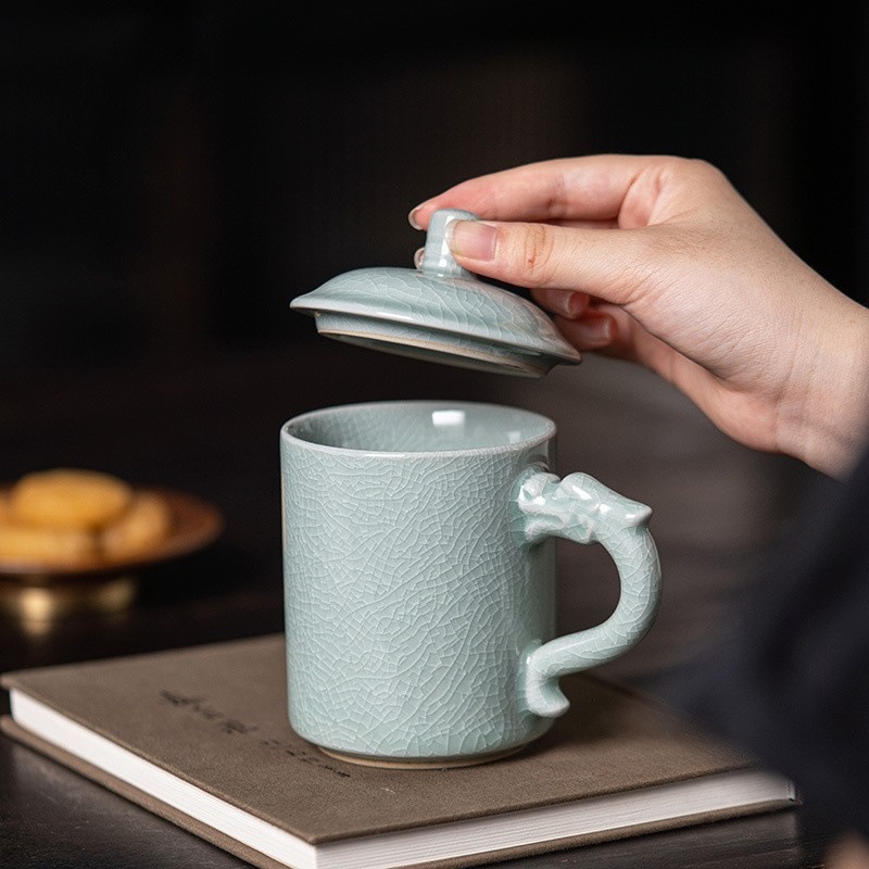 Cốc văn phòng Fenqing Ru Kiln Cốc nước | Cốc pha trà sứ Ru tráng men sáng cao cấp có nắp Cốc hội nghị gốm sứ Trung Quốc cổ điển