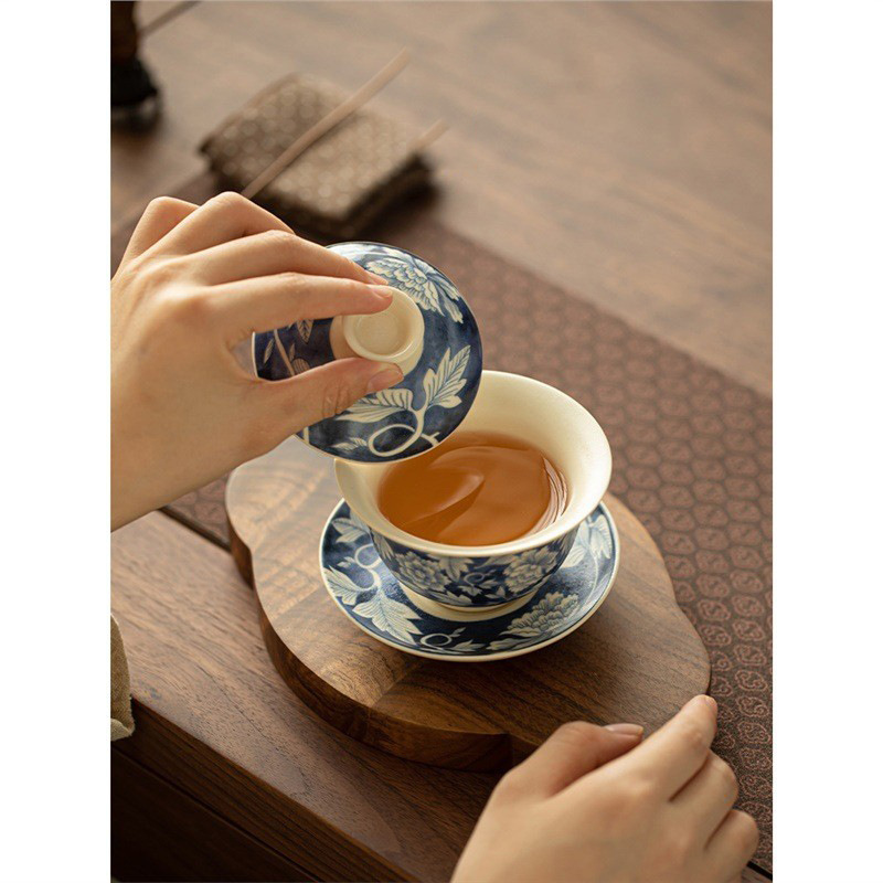 Bát tam tài hoa mẫu đơn tráng men soda bát trà gốm sứ có nắp không nóng dụng cụ pha trà gia dụng bộ trà Kung Fu