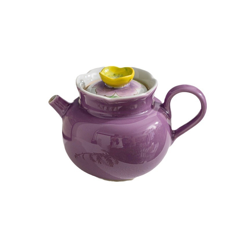 Bộ ấm trà Kung Fu vẽ tay, ấm trà hoa mẫu đơn tím tráng men màu xám thực vật, bộ đồ du lịch gốm sứ gia dụng đựng đồ