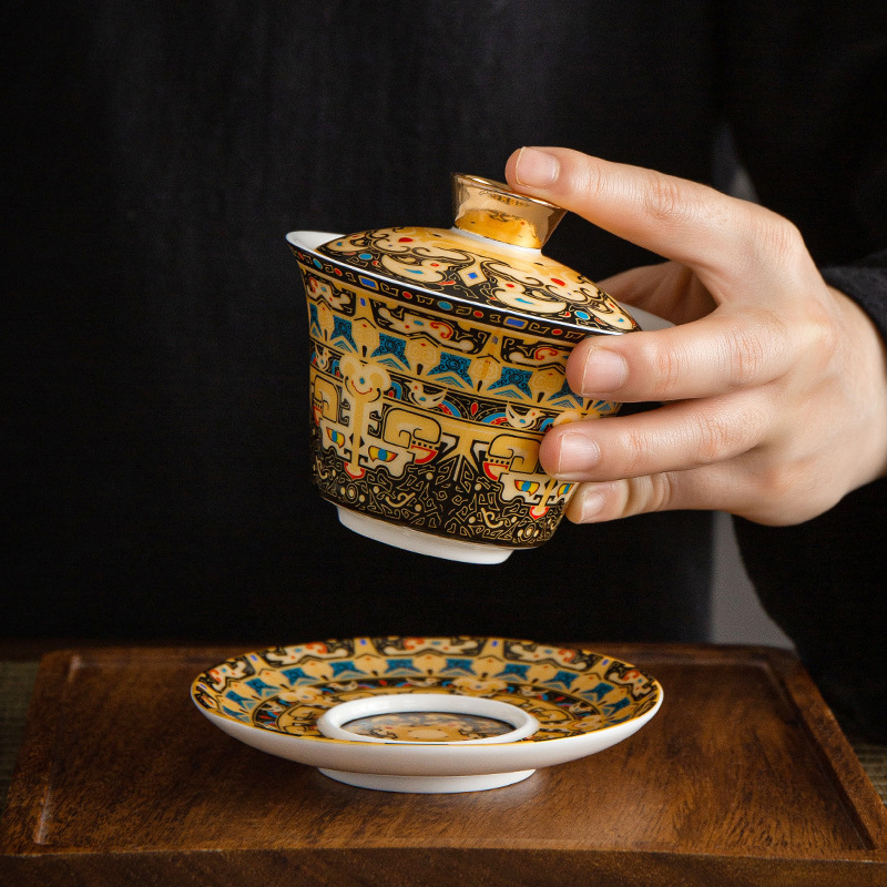 Cốc trà bát nắp tam tài bạc cloisonné bộ ấm trà kungfu mới kiểu Trung Quốc xoay có thể di chuột, bát pha trà cao cấp gia dụng