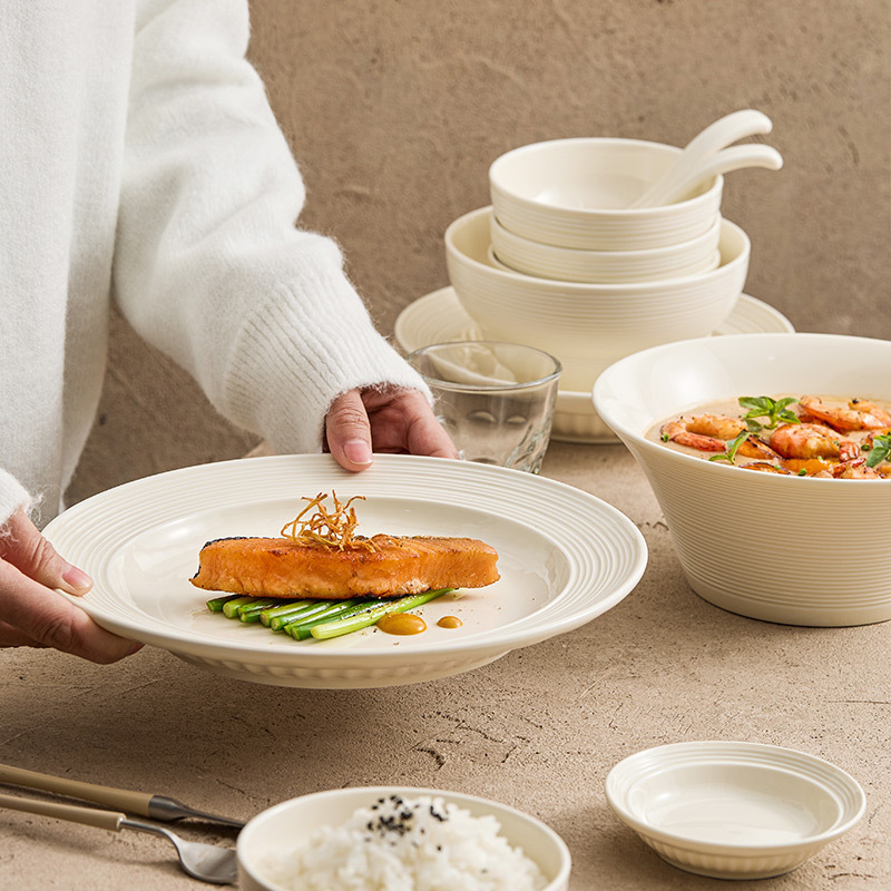 Bộ bát đĩa kiểu kem, bát cơm gia đình, bát mì súp, đĩa cá gốm cao cấp, bát, đĩa, bộ đồ ăn.